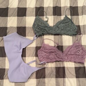 Free People Lace Bralette Trio in Green, Purple, and Lavender